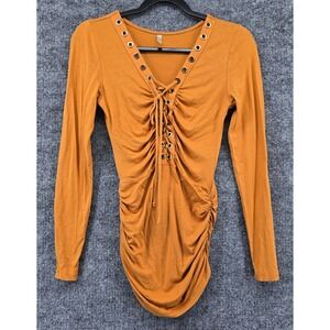 Vtg CY Lace Up Ruched Top Women S Mustard Long Sleeve Grommet Y2K Grunge Alt USA